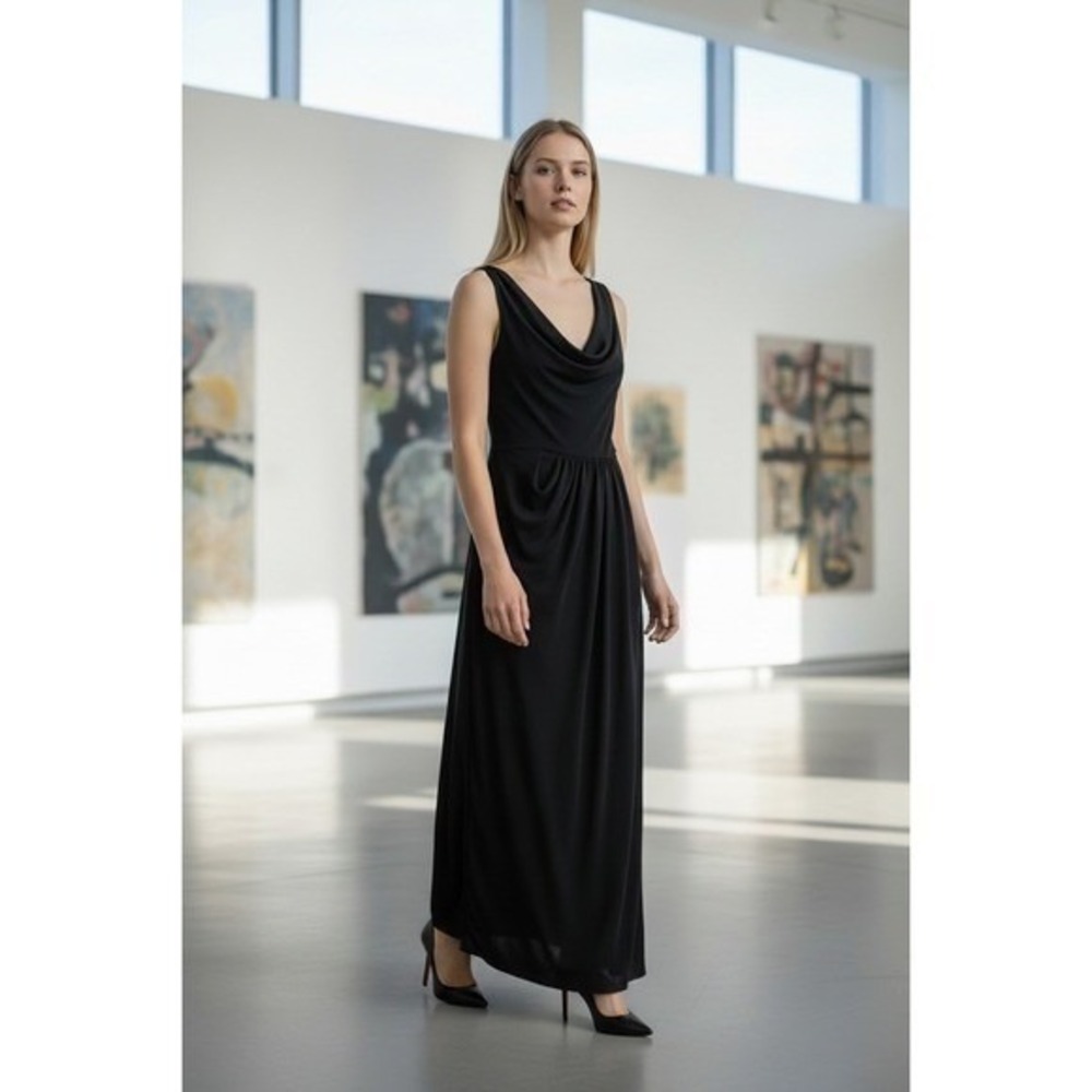 Betsy & Adam Black Cowl Neck Empire Waist‎ Sleeveless Maxi Gown Dress Women's 8